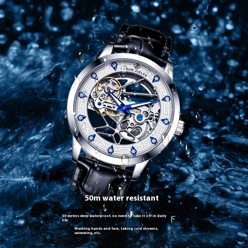 Men's silver case mechanical watch with white dial, blue hands, black leather strap, and luminous markings