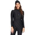 Black conservative long sleeve swimsuit for women with full coverage and skirt bottom option.