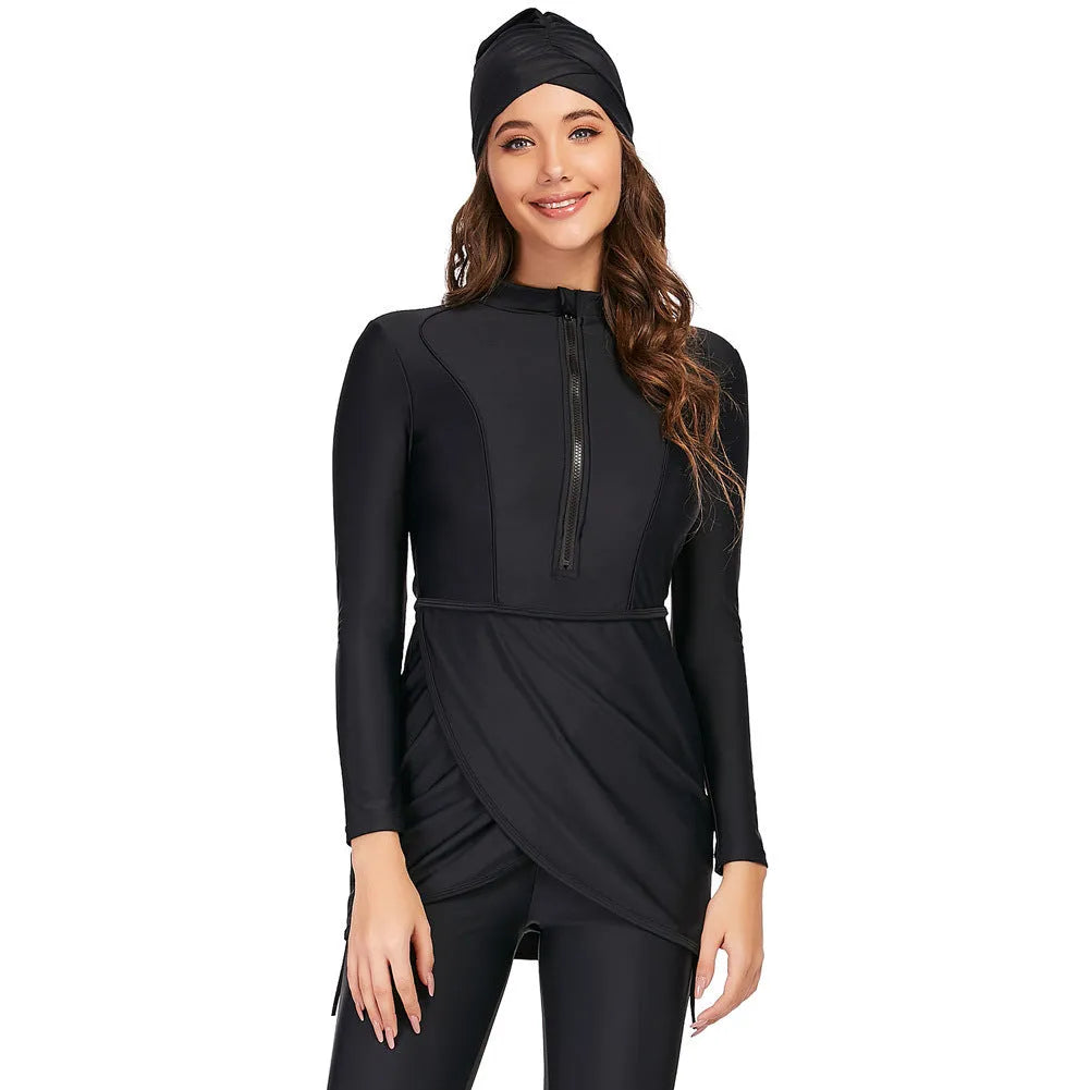 Black conservative long sleeve swimsuit for women with full coverage and skirt bottom option.