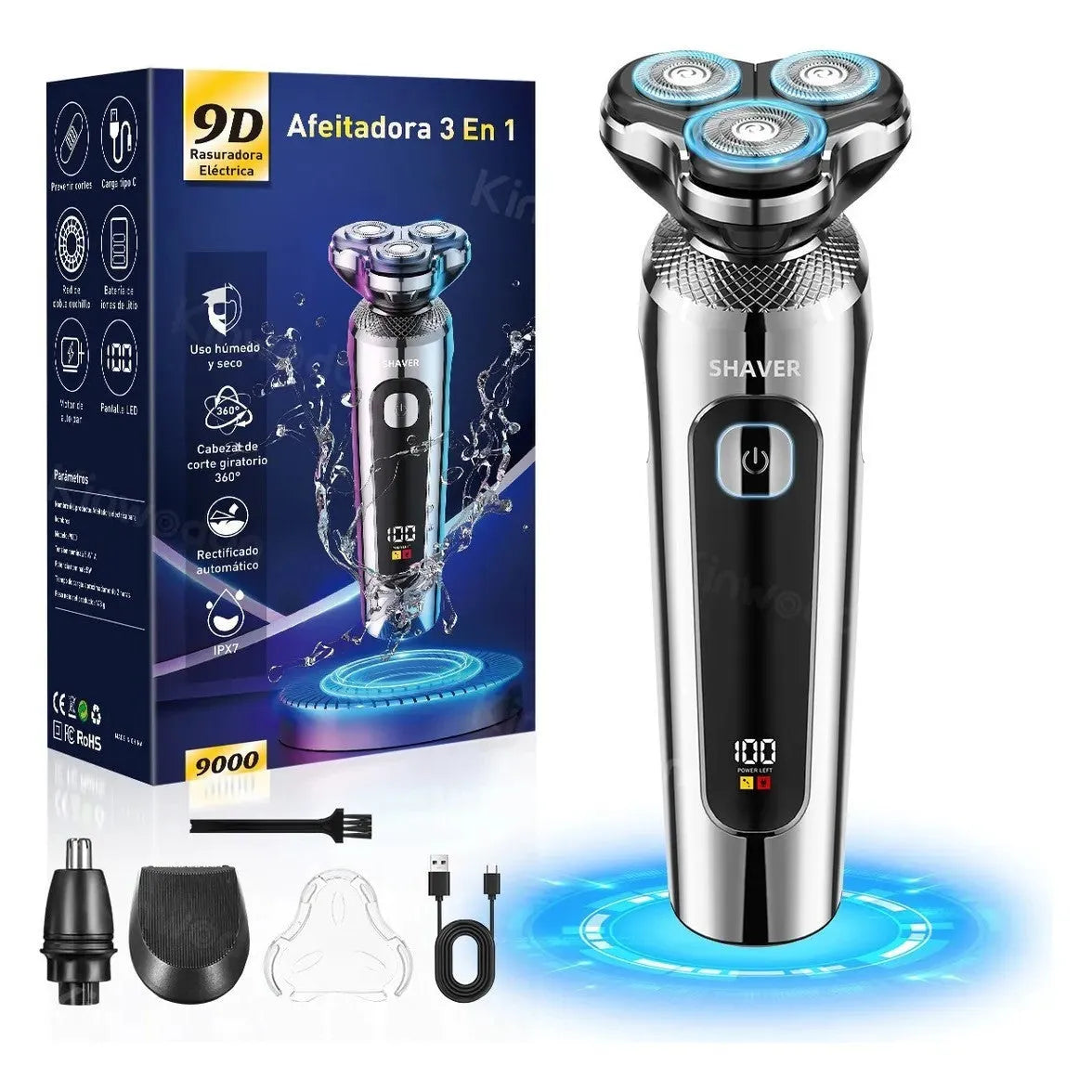 USB rechargeable beard trimmer with digital display and washable head on a five-in-one base.