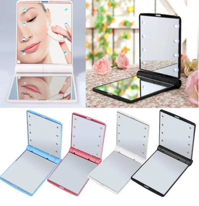 Folding LED pocket cosmetic mirror in black, blue, pink, and white, compact travel makeup mirror with built-in light.