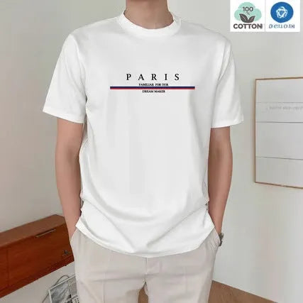 Men's loose-fitting short-sleeved cotton T-shirt with a printed letter design.