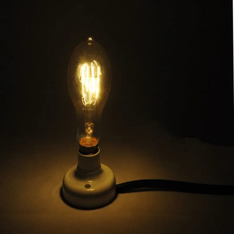 Retro American country style ceramic table lamp with a wooden base and glass shade on a wooden table.