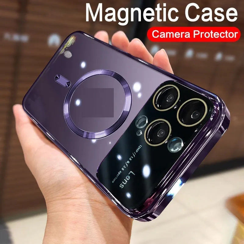 Magnetic transparent electroplated iPhone case with all-inclusive TPU protection, shown in dark purple.