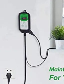 Digital temperature and humidity controller with display showing readings, compact plastic housing measuring 155mm