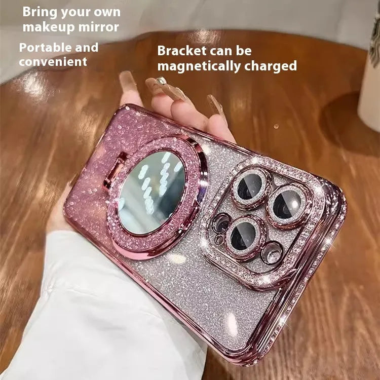 Gradient glitter iPhone case with a built-in square mirror on the back, shown in gradient purple.