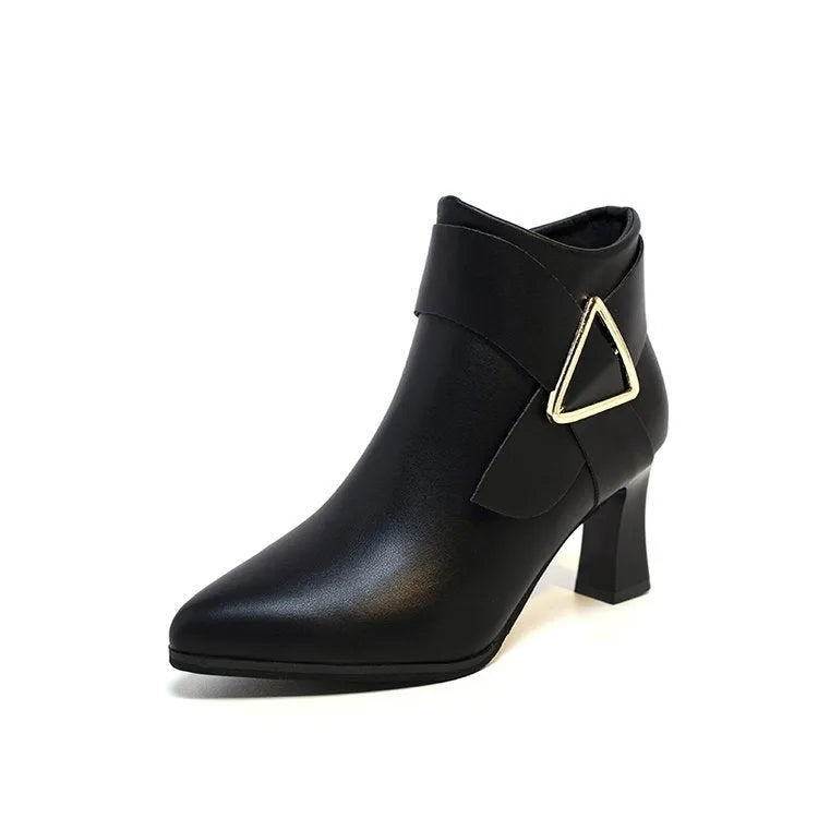 Martin boots women's ankle boots with belt buckle detail, artificial PU upper, rubber sole, 8cm heel, black colour