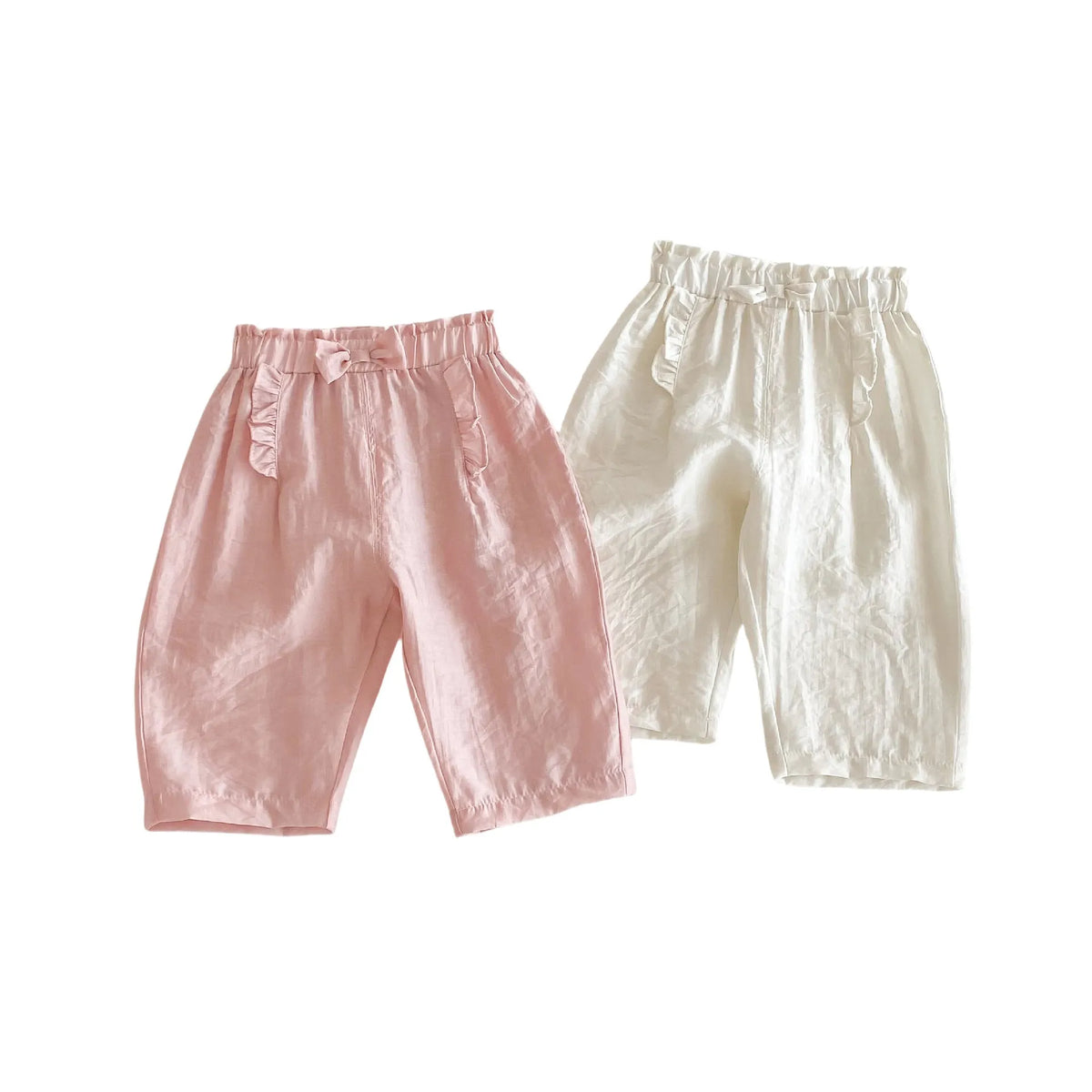 Girls' bow anti-mosquito cotton casual trousers, mid waist, rubber pink or cream beige, heights 73-120cm