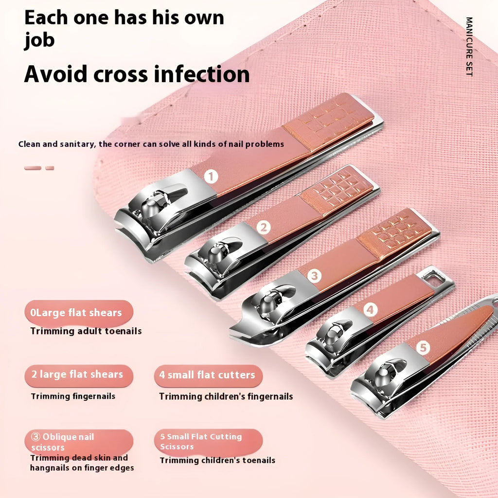 30-piece stainless steel nail beauty tool set shown in one of five colour options: black, blue, green, pink, or rose gold.