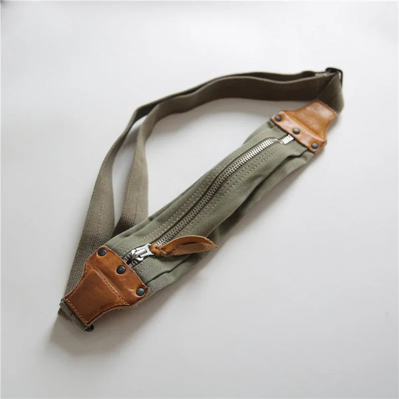 Green military style chest bag made from washed canvas with Italian cowhide leather trim