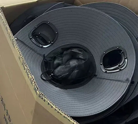 Men's grey solar fan cap with wide brim showing integrated cooling system
