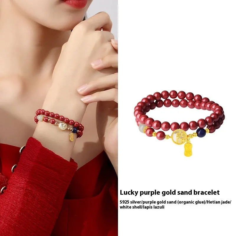 Women's S925 sterling silver bracelet with cinnabar blessing card pendant and purple gold sandstone accents