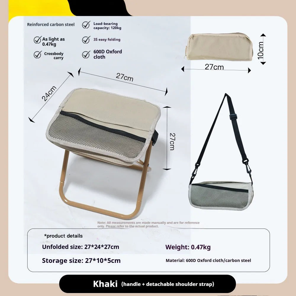 Lightweight foldable camp stool in khaki with an attached crossbody bag, shown in a compact, portable form.