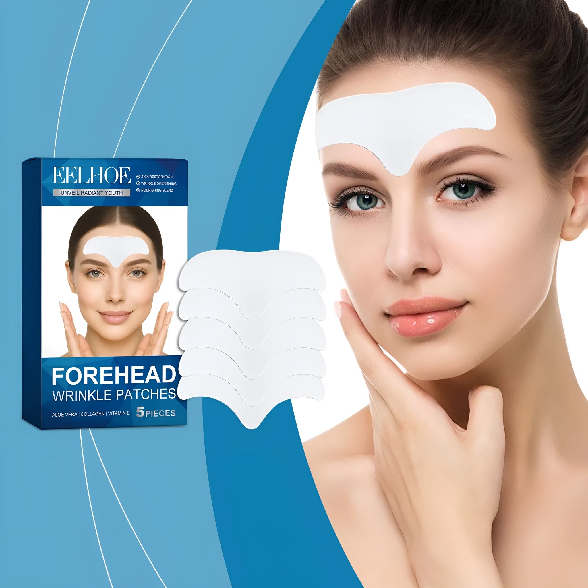 Pack of 5 forehead moisturising patches with vitamin E, hyaluronic acid and collagen ingredients