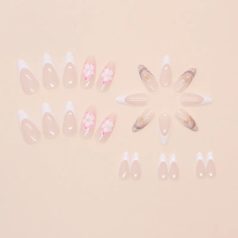 French style plastic fake nails with simple flower pattern and rock patch decoration, colour W1764.