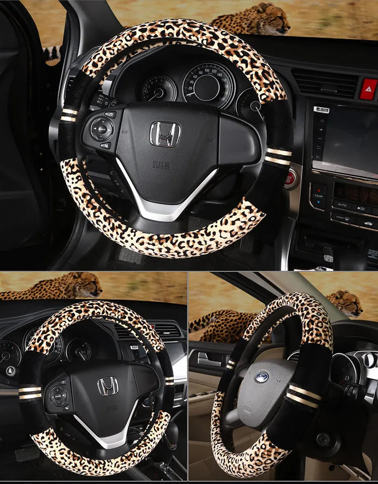 Winter plush car steering wheel cover in beige with leopard grain pattern on a GM steering wheel