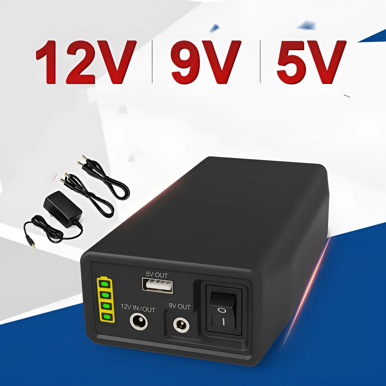 LF4100 compact 12V 76.8Wh lithium iron phosphate power bank with charger and cables.