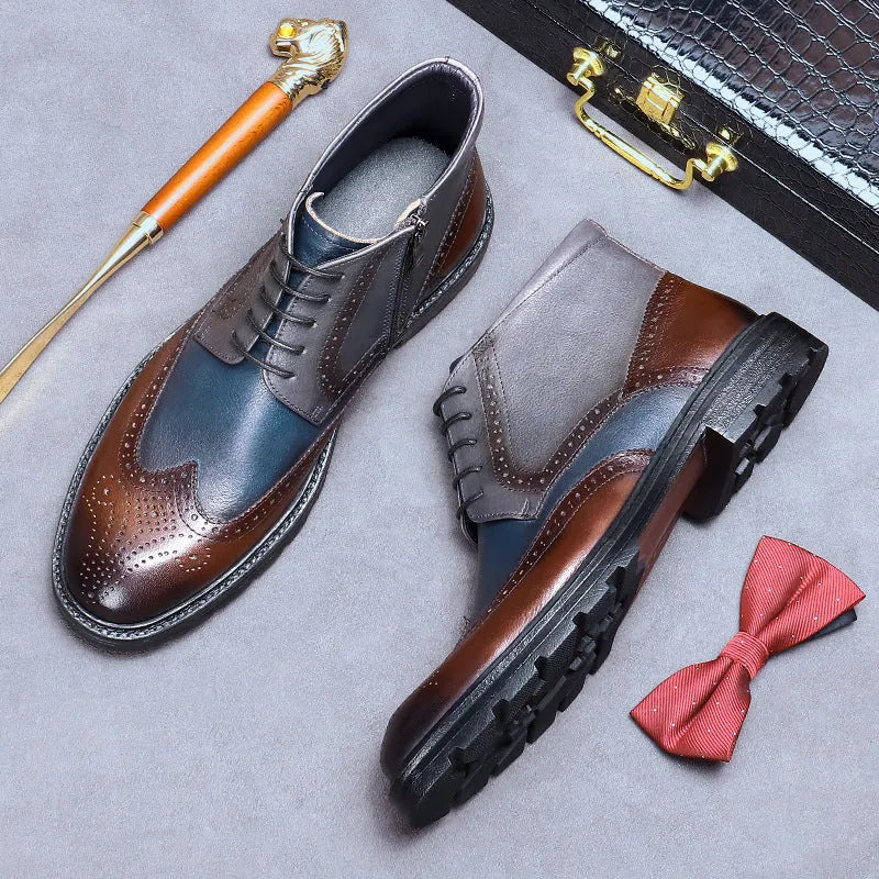Men's curry blue leather brogue ankle boots with vintage carved stitching and front lacing.