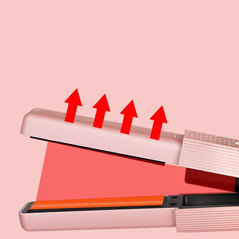 Portable USB 3-in-1 hair straightening curling comb with tourmaline ceramic in girl pink and emerald green on white background