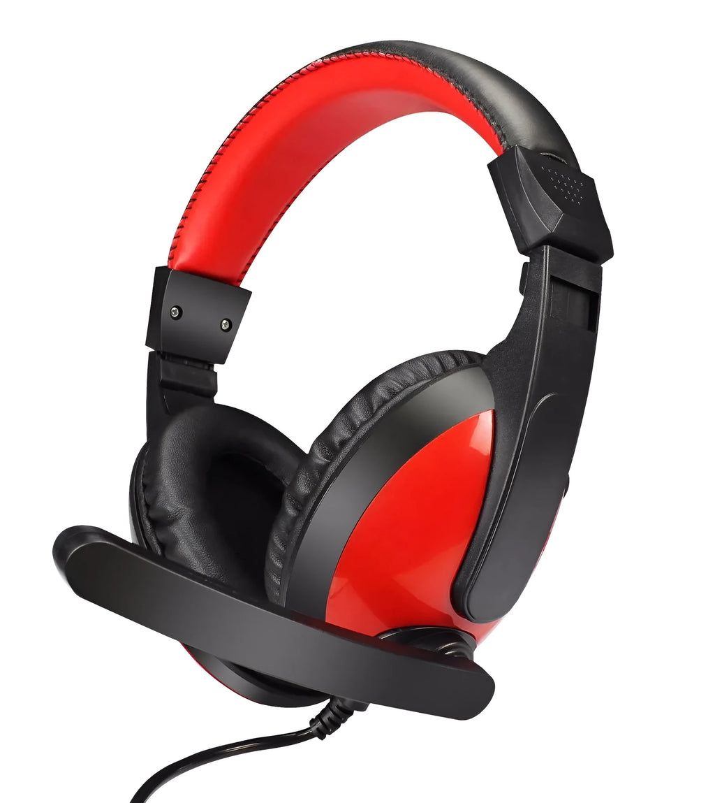 Blue and red wired gaming headset with over-ear cups and a boom microphone.