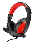 Blue and red wired gaming headset with over-ear cups and a boom microphone.