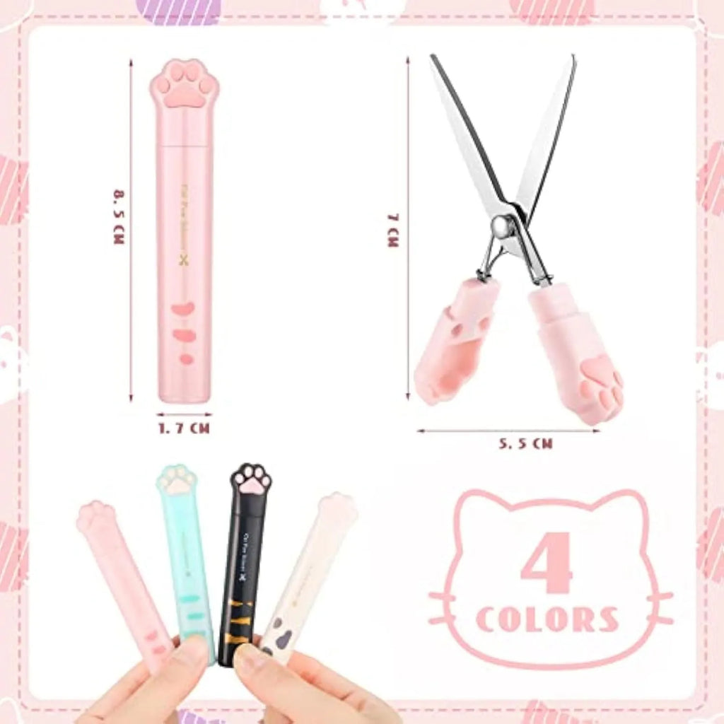 Cat paw mini folding scissors in four colours showing closed safety position and decorative handles