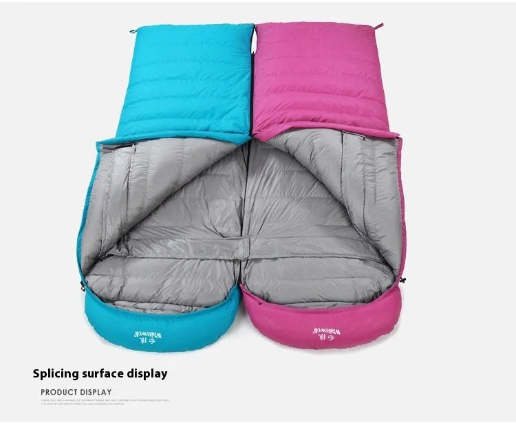 Black outdoor down sleeping bag with envelope structure, shown with a choice of filler weight options.