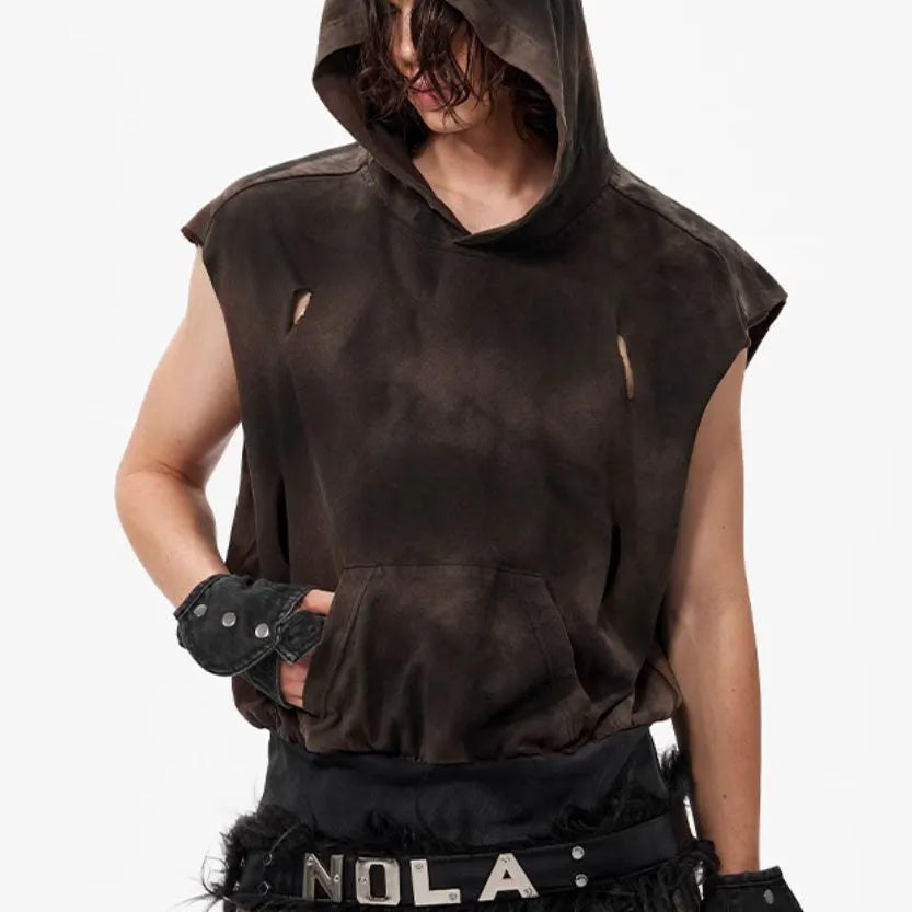 Khaki coloured short hood vest made of cotton fabric for teenagers, shown in size L.