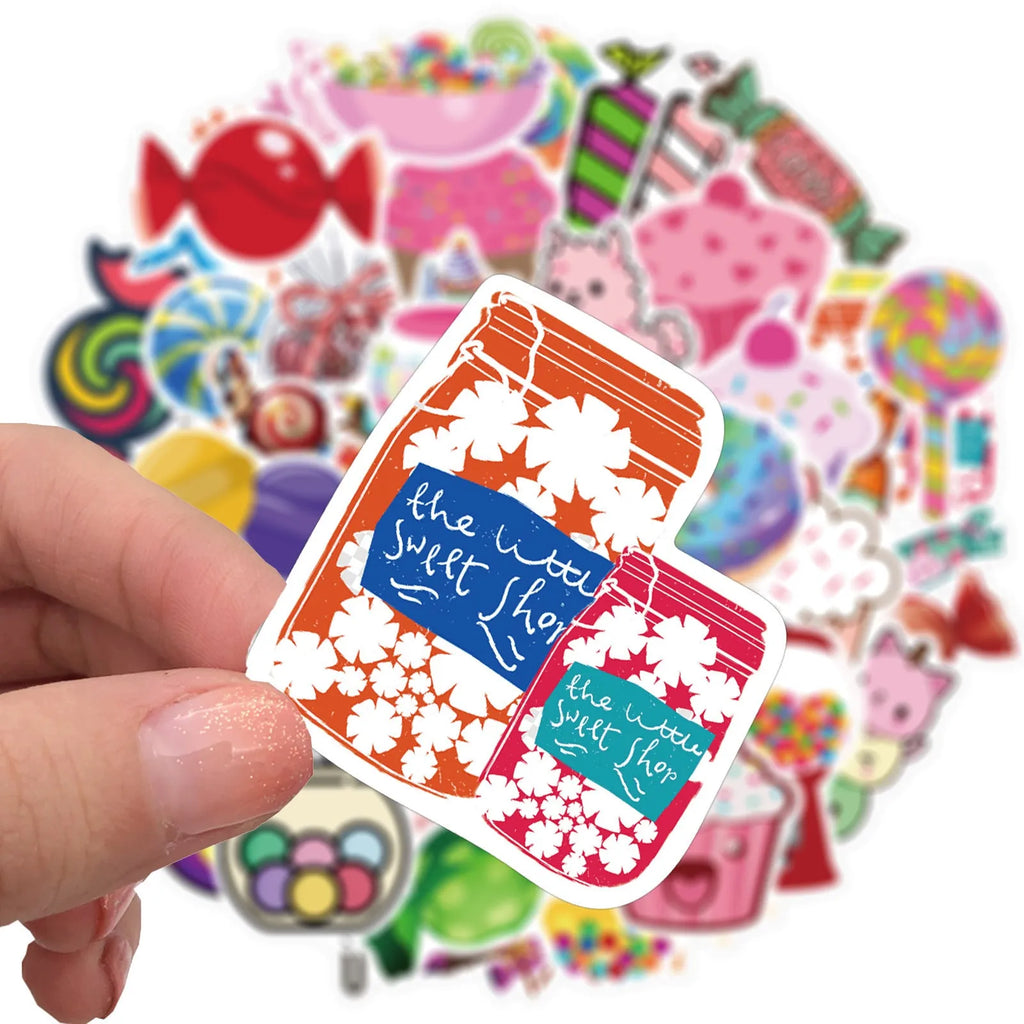 Candy series graffiti stickers pack showing colourful cartoon designs on 50 adhesive sheets