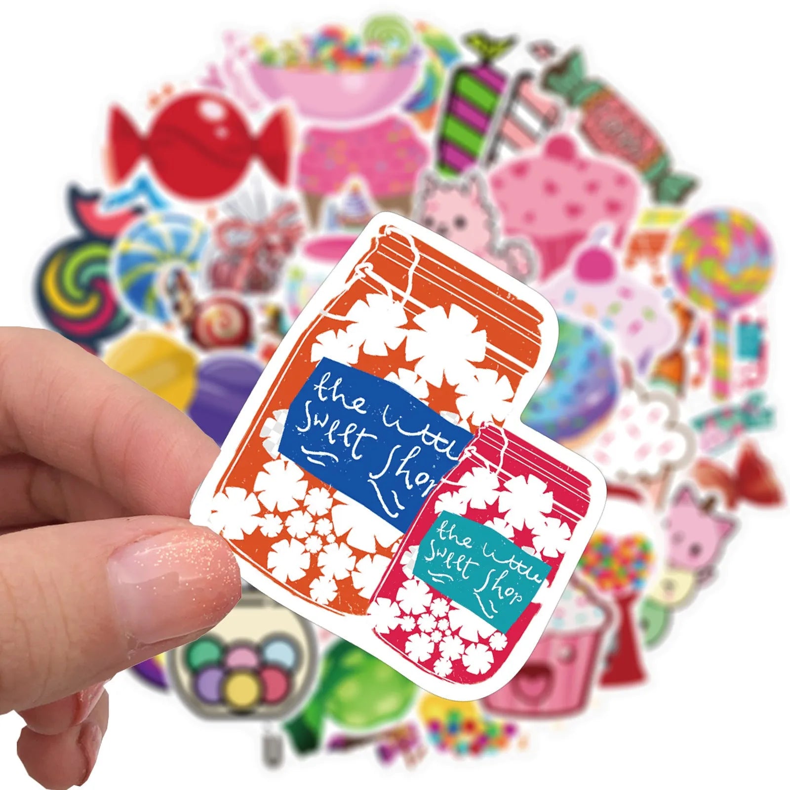 Candy series graffiti stickers pack showing colourful cartoon designs on 50 adhesive sheets
