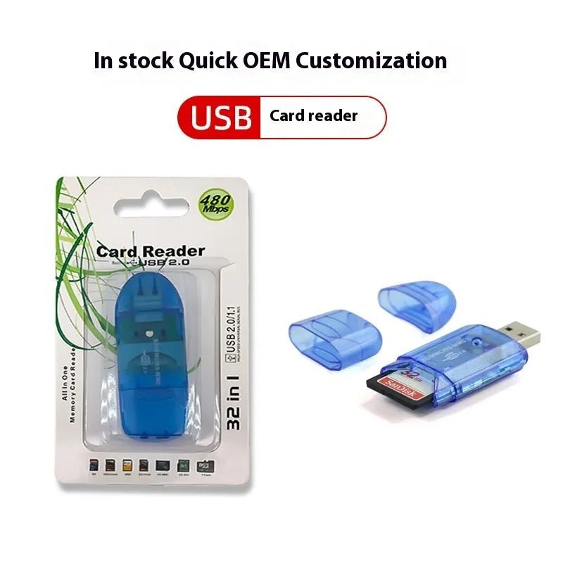 Transparent plastic USB card reader with optional LED light on a desk.