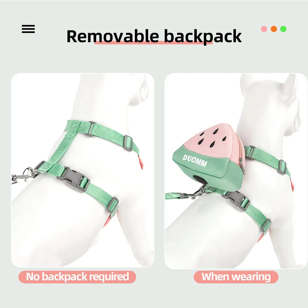 Green pet backpack and chest strap set with traction rope for dogs or cats