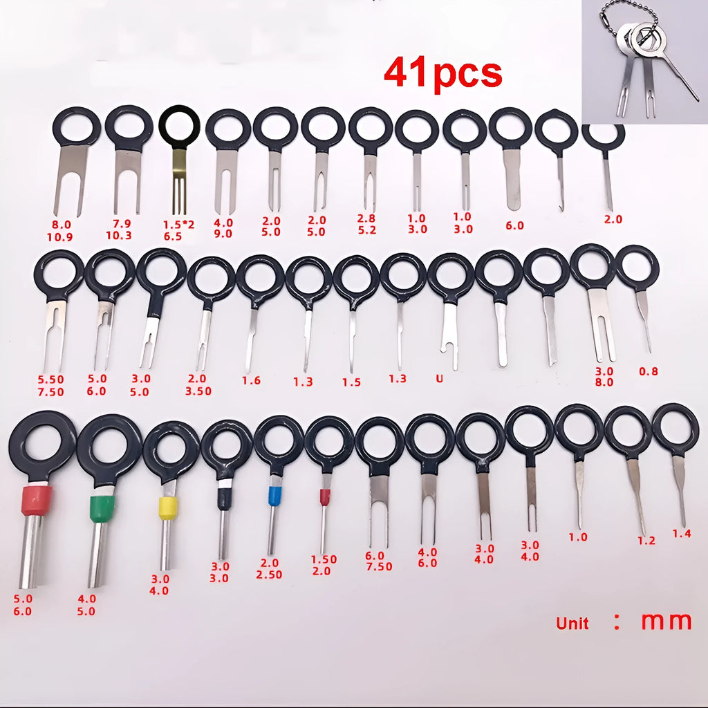 Set of hardened steel wire needle retractors for automotive connector extraction in multi-colour options