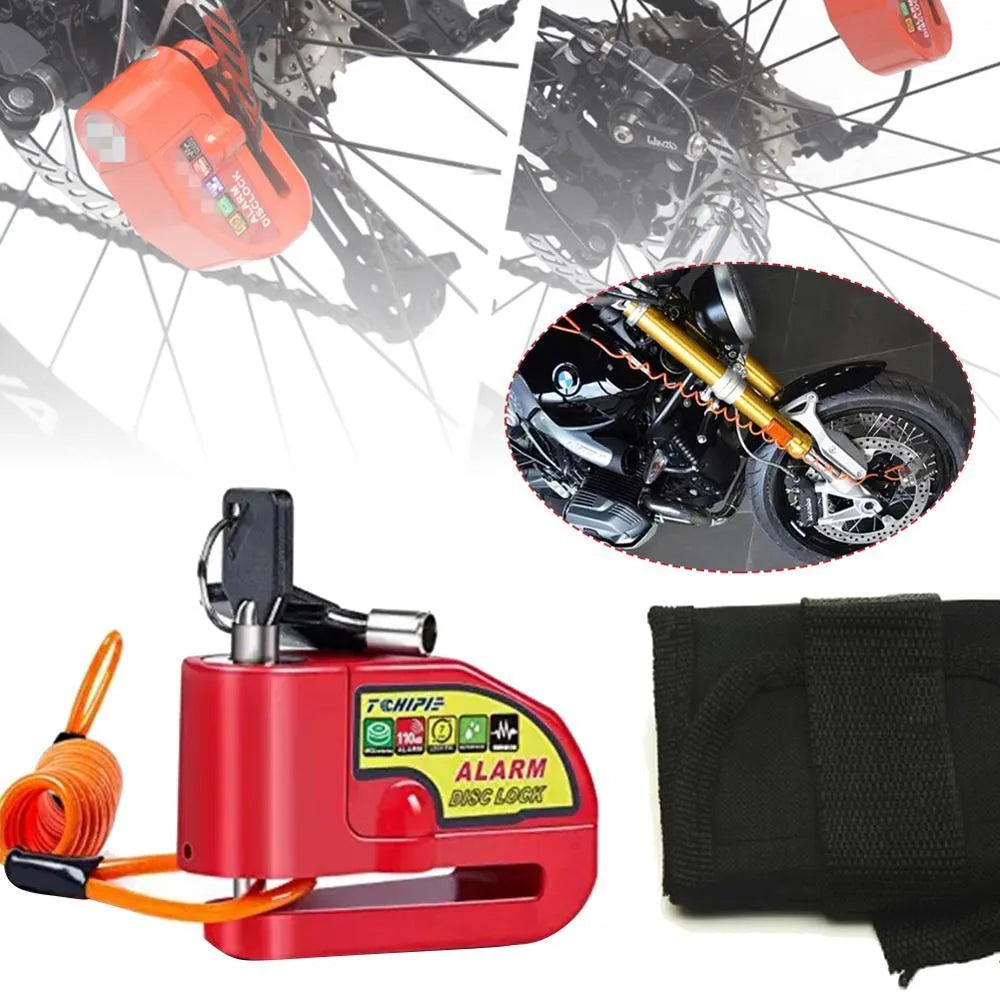 Steel bicycle disc brake alarm lock in black, red, and orange set, for mountain bikes.