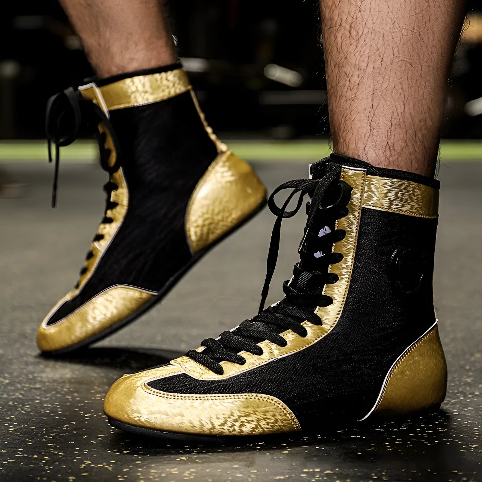 Professional black and gold mesh boxing shoes with non-slip soles for indoor training.