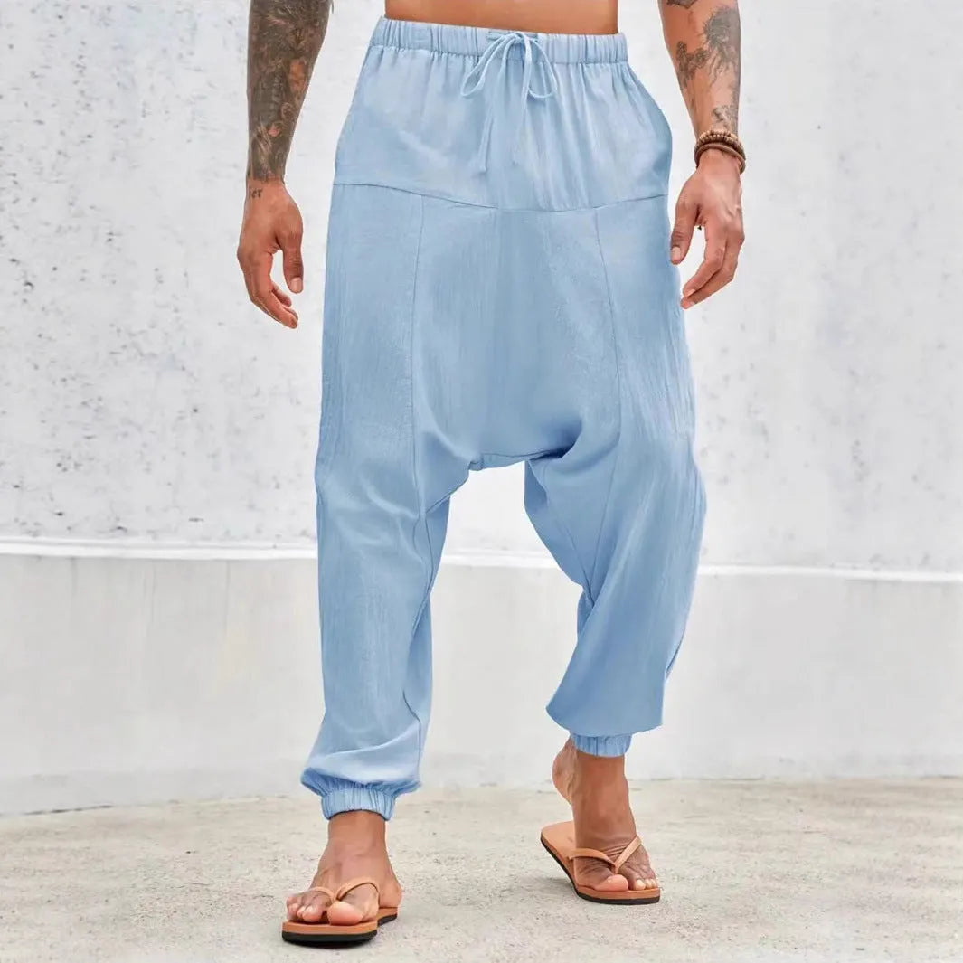 Summer breathable cotton cuffed pants with drawstring waist in khaki colour on model
