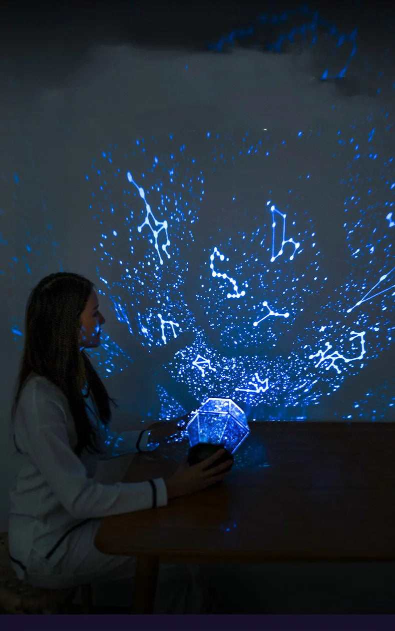 Children's rotating star projection night light with three-colour LED modes.