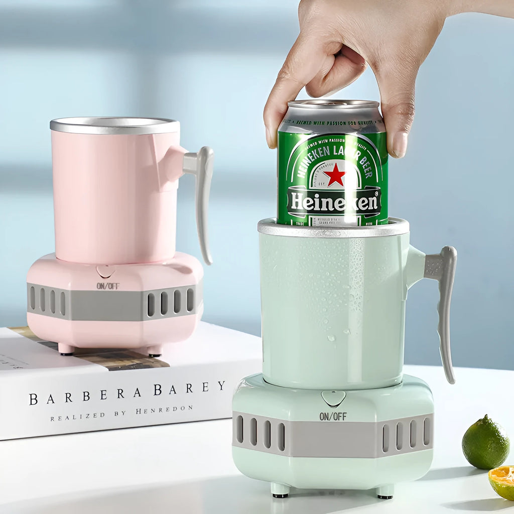 White portable mini cooling cup with base and power adapter for quick drink chilling.