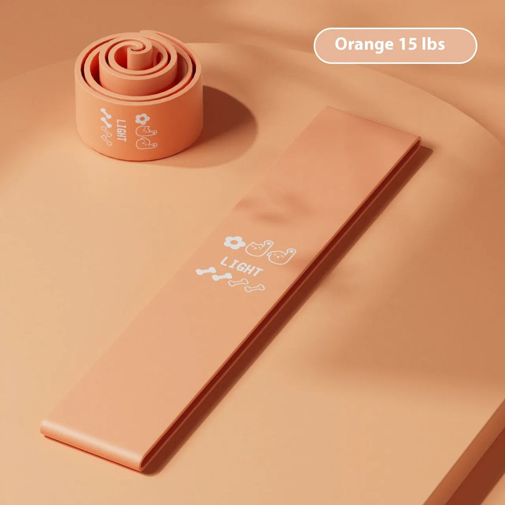 Set of four plastic elastic resistance bands in pink, orange, beige, and green colours, representing different strength levels.