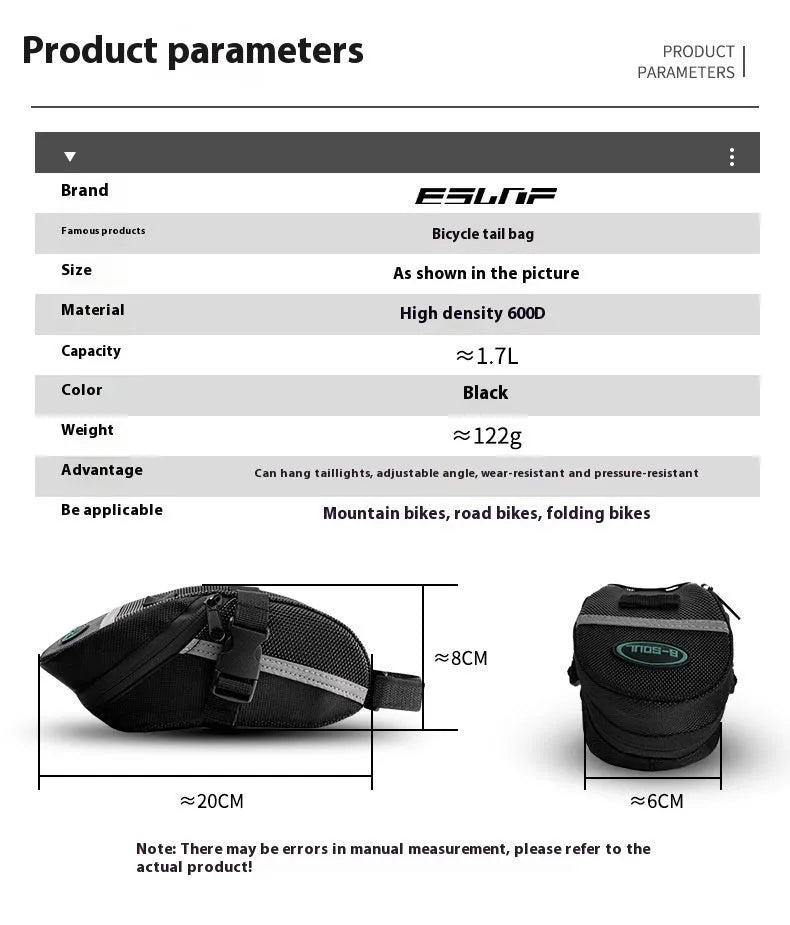 Black cycling tail bag mounted on mountain bike saddle with quick release fixture