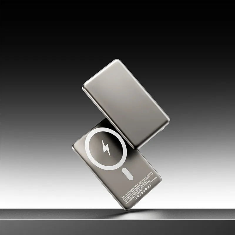 Gun grey magnetic wireless power bank showing slim alloy case with wireless charging surface