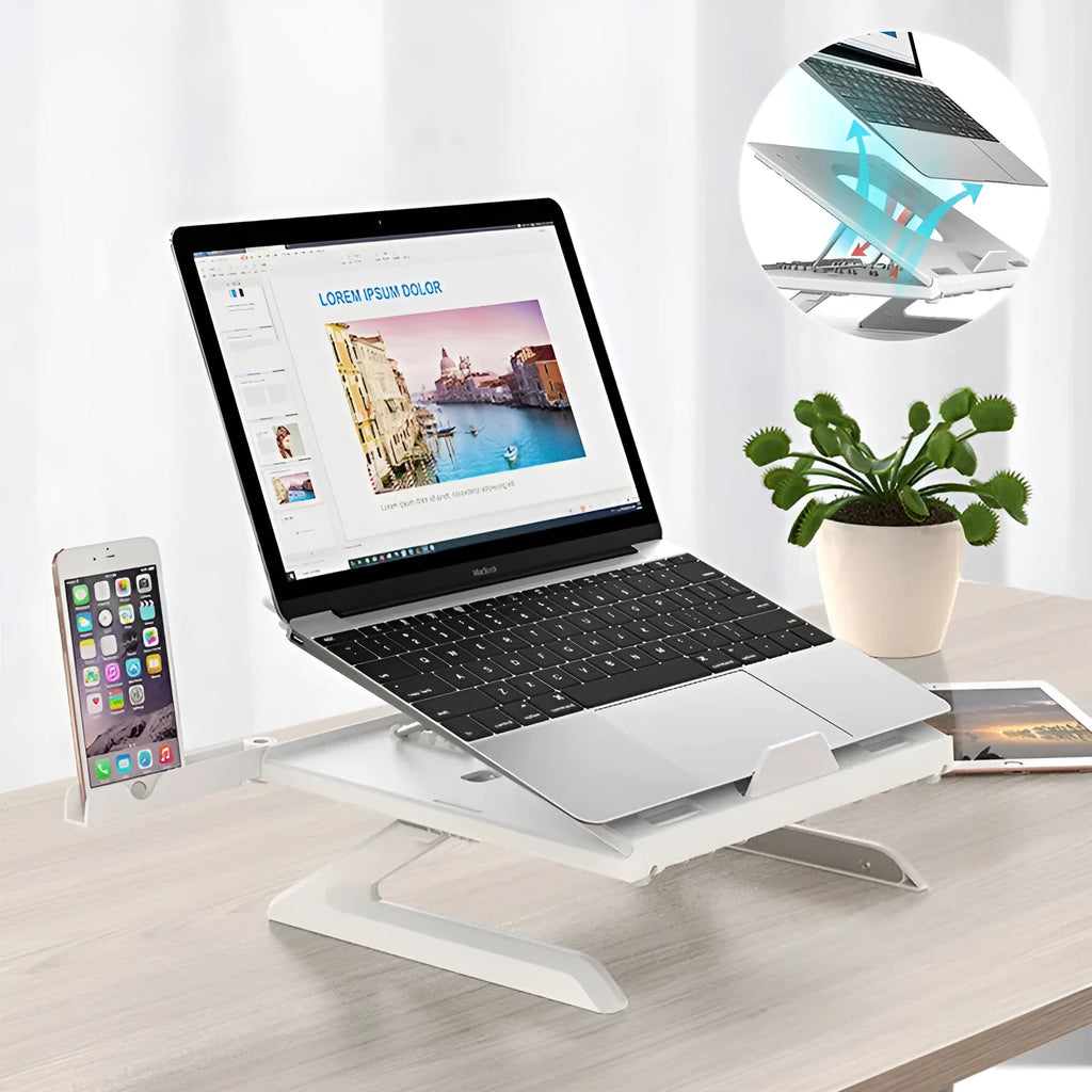 New folding laptop stand in black with 9-level angle adjustment, cooling slot, and phone holder for 10-15.6 inch laptops