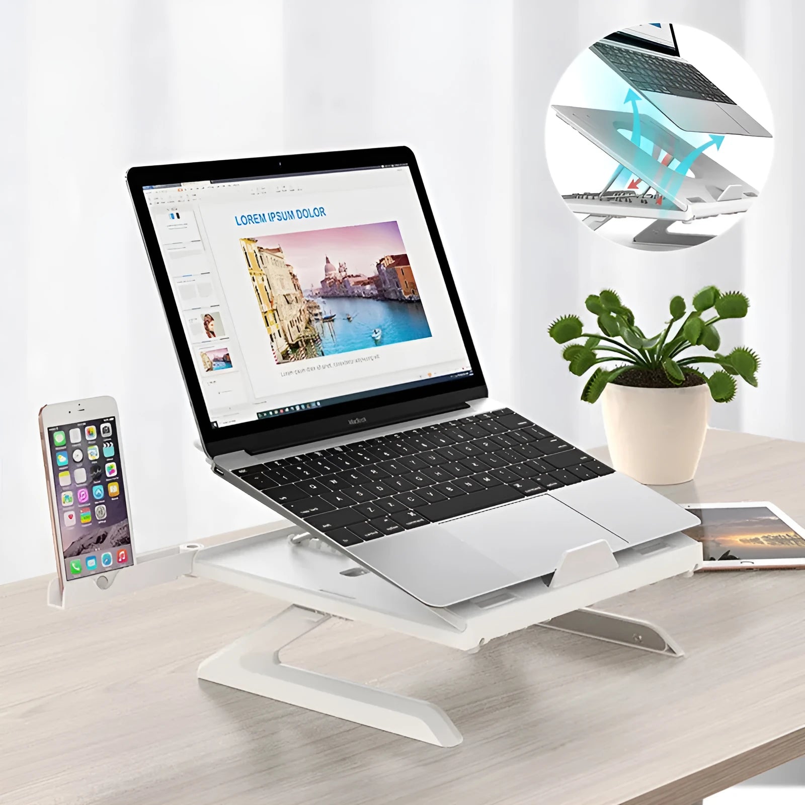 New folding laptop stand in black with 9-level angle adjustment, cooling slot, and phone holder for 10-15.6 inch laptops