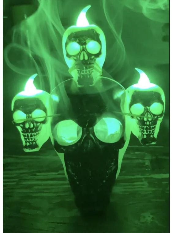 Gold or silver Halloween skull ornament with LED candle light, 14x12x9cm flameless decoration