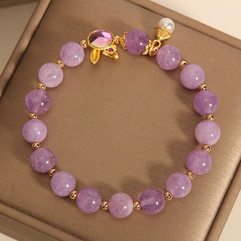 Mauve jade crystal rabbit bracelet with hare head charm in Mori style