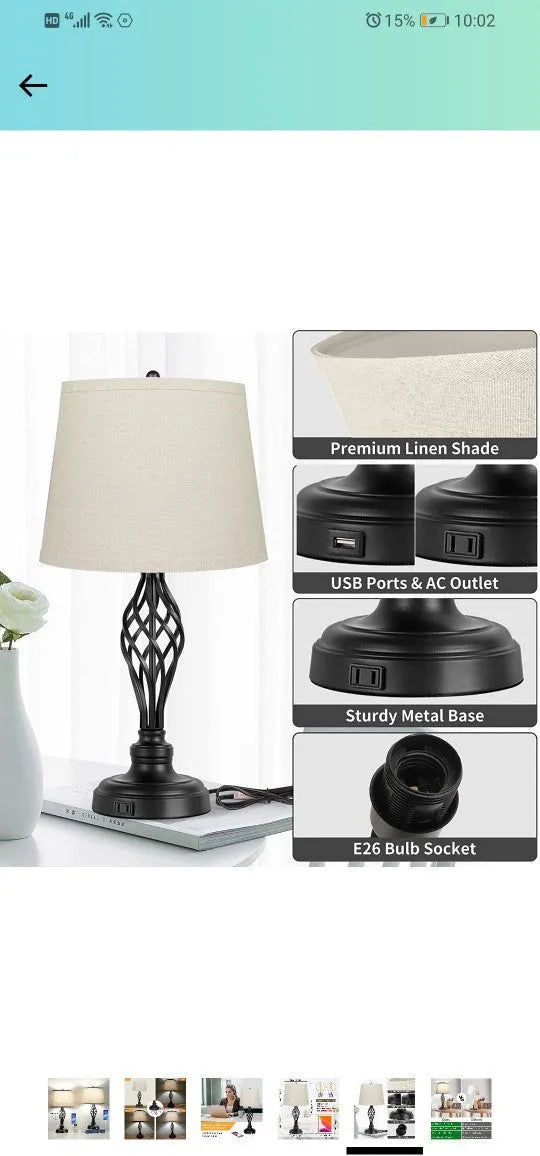 European style alloy bedside table lamp with touch sensor controls and USB cable