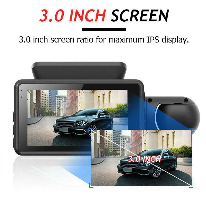 Black 3-inch dual lens driving recorder on-board camera with button controls and motion detection