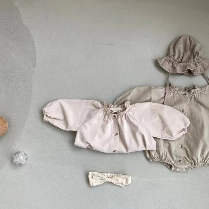 Cotton long sleeve jumpsuit romper with wooden buttons for baby girls in light lotus pink and khaki
