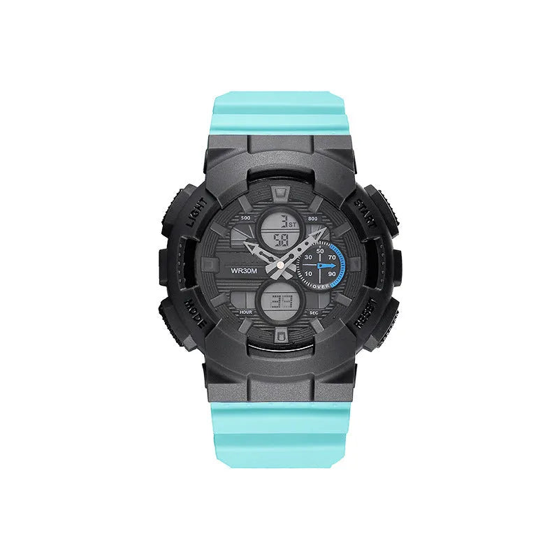 Men's waterproof electronic watch with double insert dial and 50mm plastic case in black gold