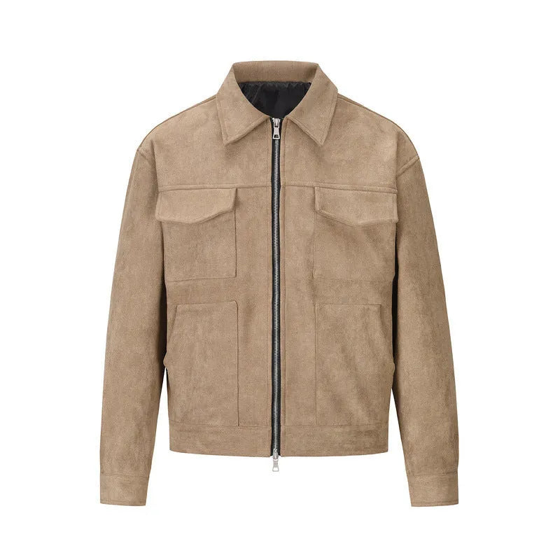 Slim fit camel coloured jacket with zipper pockets on a model.